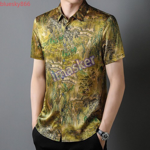 Camisas de Seda Real Hombres Verano Manga Corta Nuevo Cuello Estampado Morera Seda Prendas para el torso - Imagen 20 de 25