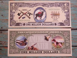 American HUNTER Guns & Animals, Duck, Deer ~ $1,000,000 One Million Dollar Bill