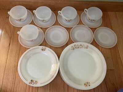 Termo-Rey Milk Glass 1970 s Brazil Plates Cups Saucers 28 Pc Butterfly Floral