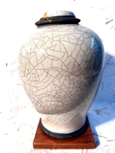 Kintsugi Raku,Lrg White/Black Crackle Vase/Urn, C. Dockins, Kintsugi Lid, Exc