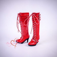 1/3 SD BJD Shoes Long Boots Pointed-toe High Heels Lace-up Buckles Patent Red