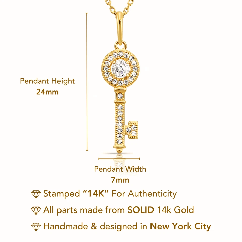 Collar colgante de circonita cúbica con halo de llave de pavé delicado de oro amarillo macizo real de 14 quilates 18 pulgadas Foto 3 de 4
