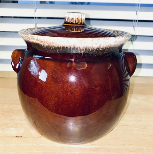 Vintage Hull Brown Drip Pottery Stoneware Ovenproof Cookie Jar / Bean Pot w/ Lid