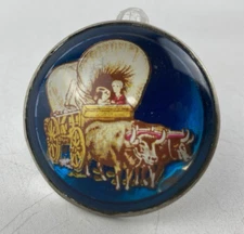 Vintage Bridle Rosette Medallion Domed Wagon & Oxen On Blue Background 1.75 inch
