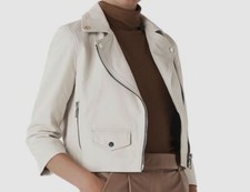 $659 Whistles Women's White Taylor Cropped Asymmetrical Leather Biker Jacket 8