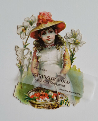 um 1900 Mädchen Korb Blüten Blumen Glanzbild Prägedruck Luxuspapier Ephemera
