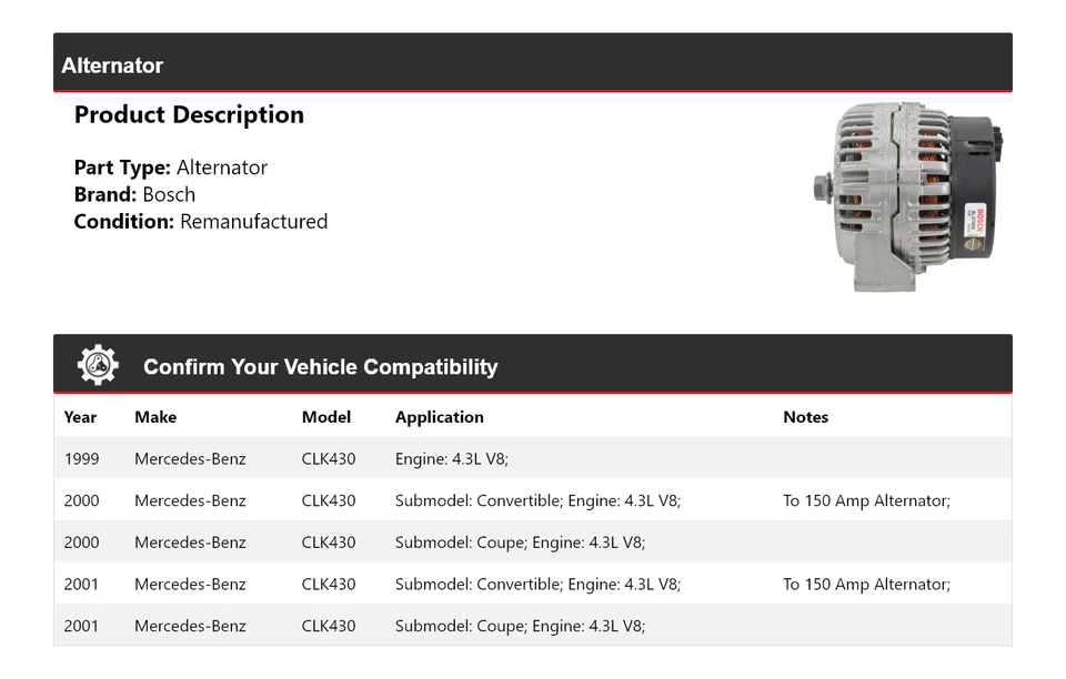 Alternador Bosch para Mercedes CLK430 1999-2001 4,3 L V8 (Remanufacturado) 2000 Foto 2 de 4
