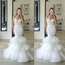 Mermaid Wedding Dresses Lace Appliques Tulle Ruffles White Ivory Bridal Gown