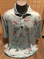 Bad Birdie Golf Short Sleeve Men's Polo Shirt Tropical Birds Blue and Red 2XL