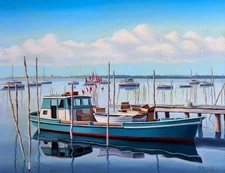 Vintage Marine Painting Boats Moored Dock Le Cap Ferret Signed Hst