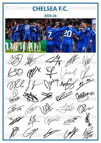 12202. 2025-26 Chelsea Signed Team Sheet (PRINTED AUTOGRAPHS - A4)