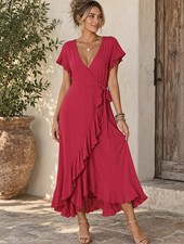 Emerald USA Wrap Dress Midi Ruffle Pink V-Neck Stretchy Medium NWOT
