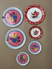 Vintage 1950s Toy Tin Plate Lot 6 Floral Teapot Saucer Dishes Kids Play