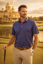 Johnnie O Polo Shirt Men LARGE Performance Golf Stretch CORAL BLUE PRINT