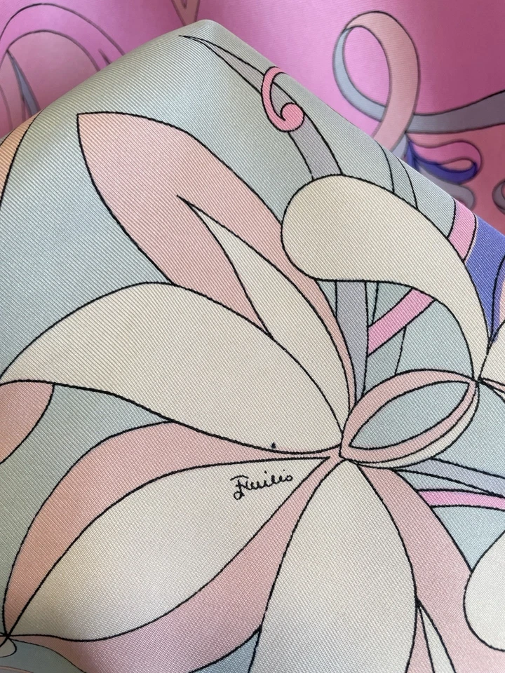 Y9# Emilio Pucci Bufanda de Seda Rosa Azul Pastel Estampado Abstracto Cuadrado De Colección Italia Foto 2 de 4