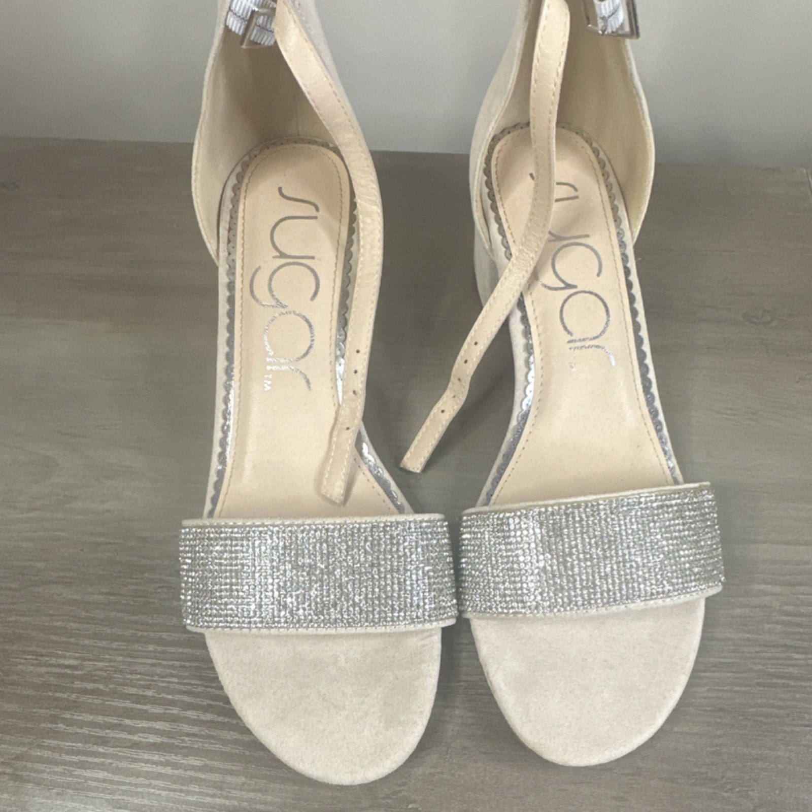 Sugar Women's Beige Silver Rhinestone Strappy Block Heel Sandals Buckle Size 10M
