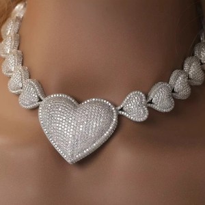 Authentic 20Ct Round Cut Real Moissanite Women's Heart Choker Chain 14K White Gold Plated