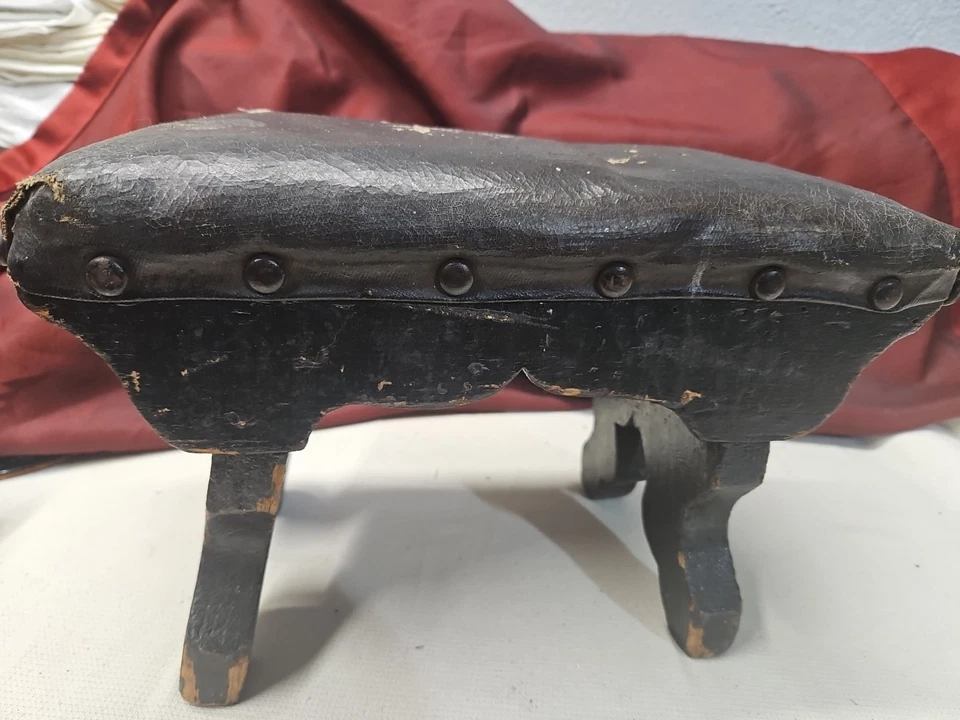Antique,  Handmade Foot Stool.  Great Details. True Craftsmanship. Leather Top. - Image 4 of 4