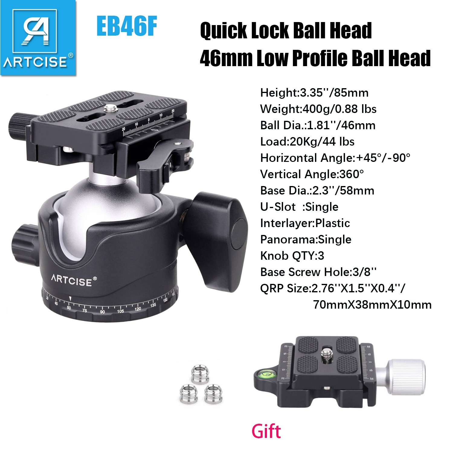 46mm Low Profile Tripod Head Ball Head with Lever Release Clamp 44lbs/20kg