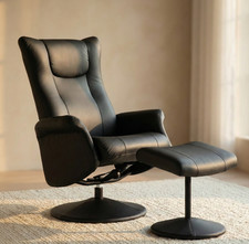 Leather Swivel Recliner Chair & Footstool in Black-Send Offer