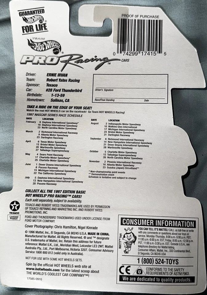 Hot Wheels 1997 Edición Pro Racing #28 Ernie Irvan Texaco NASCAR 1:64 Diecast Foto 3 de 3