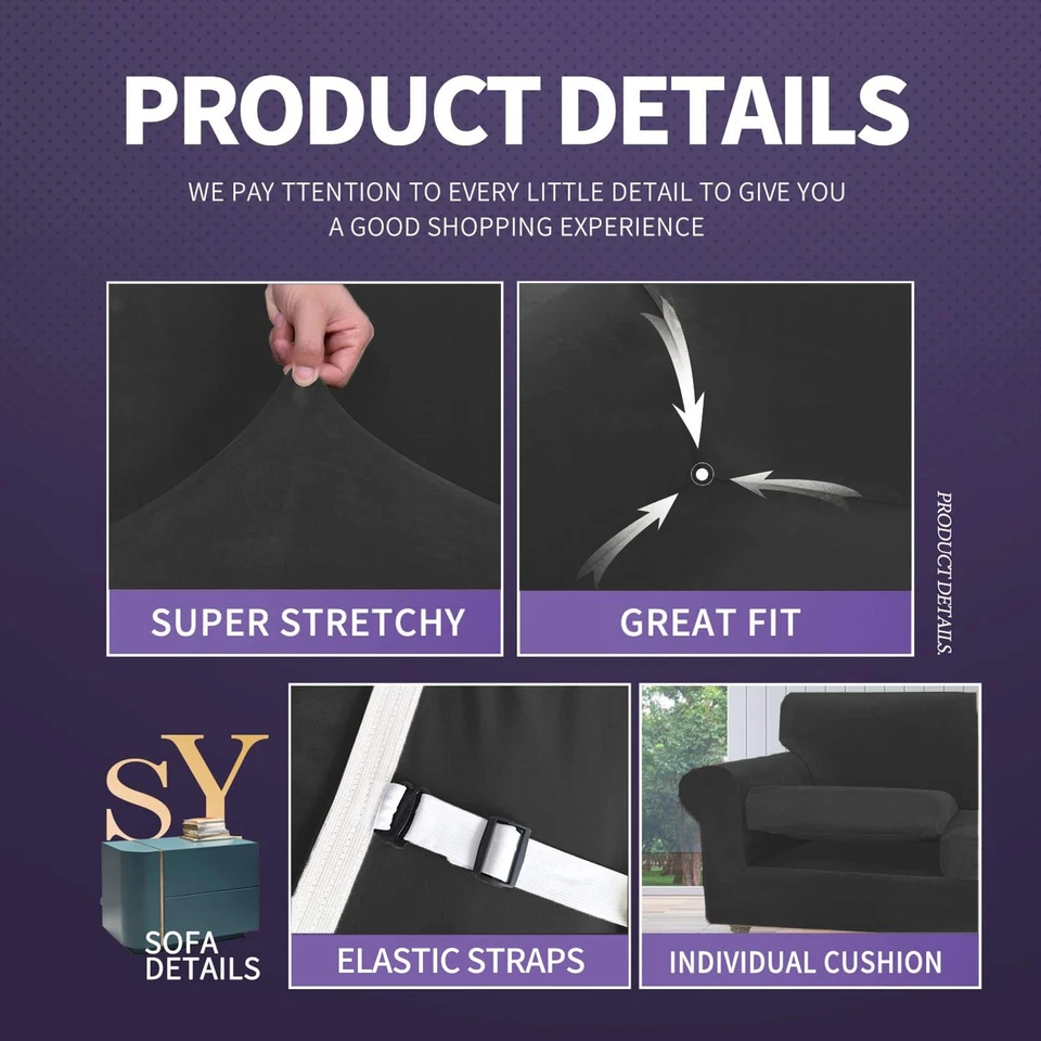 Oversized Velvet 3 Piece Couch Cover with 2 Extra Large Seat Cushion Covers S... - Image 4 of 4