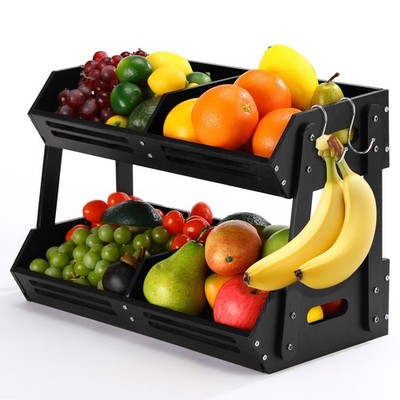 Briwooody 2 Tier Fruit Basket for Kitchen Counter Fruit Storage Large Black Wood