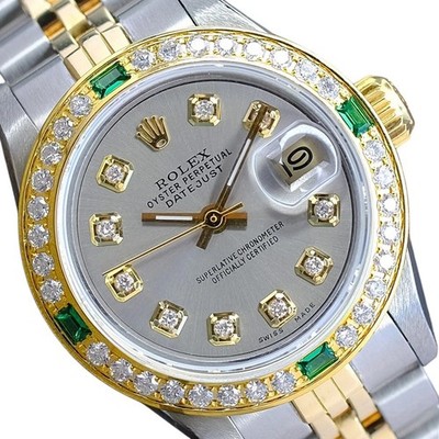Rolex Datejust  Women Two Tone Grey Diamond Dial Emerald Bezel Jubilee Watch