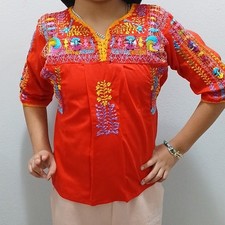 Red Mexican Huipil Cotton Embroidered Blouse for Women Size s