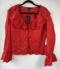 NEW LOOK - EMBROIDERED FRILL TOP - SIZE 10 - RED