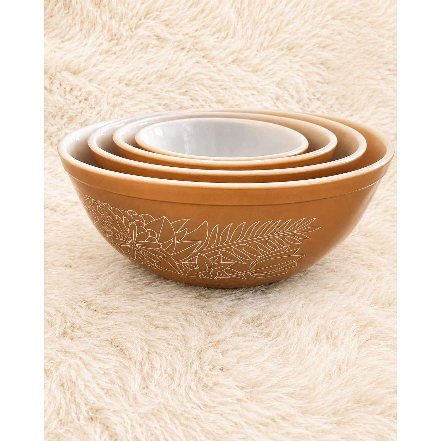 Pyrex Vintage Woodland Brown Nesting Mixing Bowl Set 4 Floral Retro MCM Kitchen