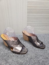 Coclico Women Sandals 10 Gray Slip On Sculpted Wooden Heel Cross Strap Summer