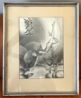 Vintage 1935 ACE Chicago art deco airbrush print pearl diver fish scene framed