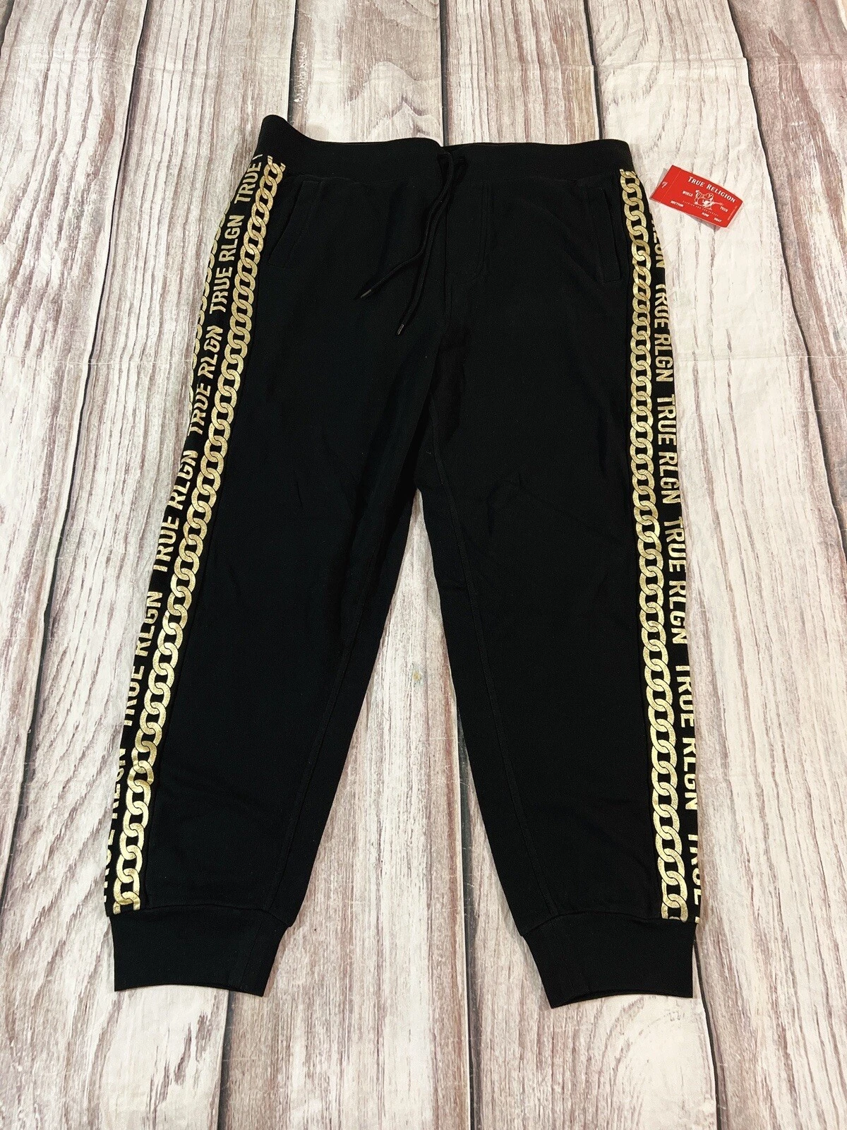 True Religion Man SZ 2XLarge Jogger Pant Logo Black gold NWT (F)