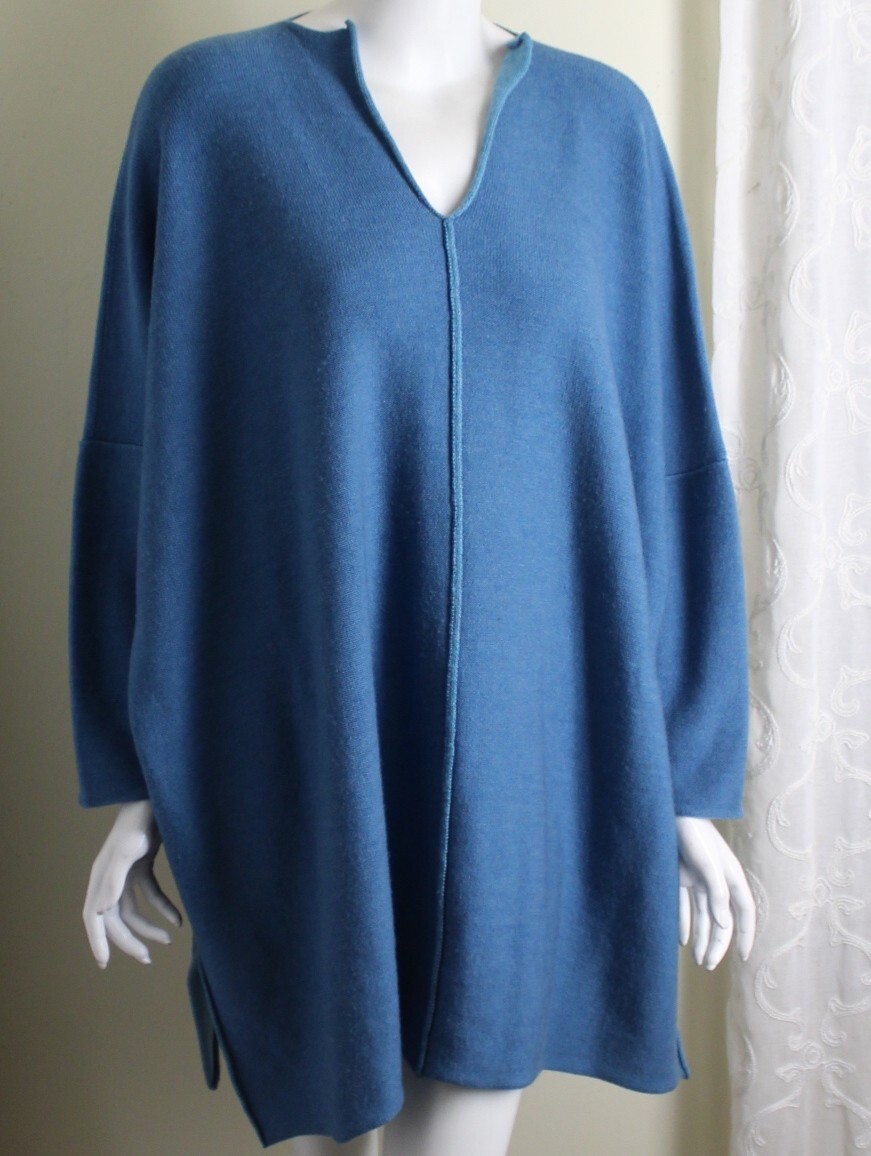 Eskandar O/S TURQUOISE Blue V-Neck 35" Long Merino Wool Knit Tunic Sweater