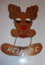 Vintage Christmas Folk Art Reindeer "Welcome" Wooden Plaque- Made in USA