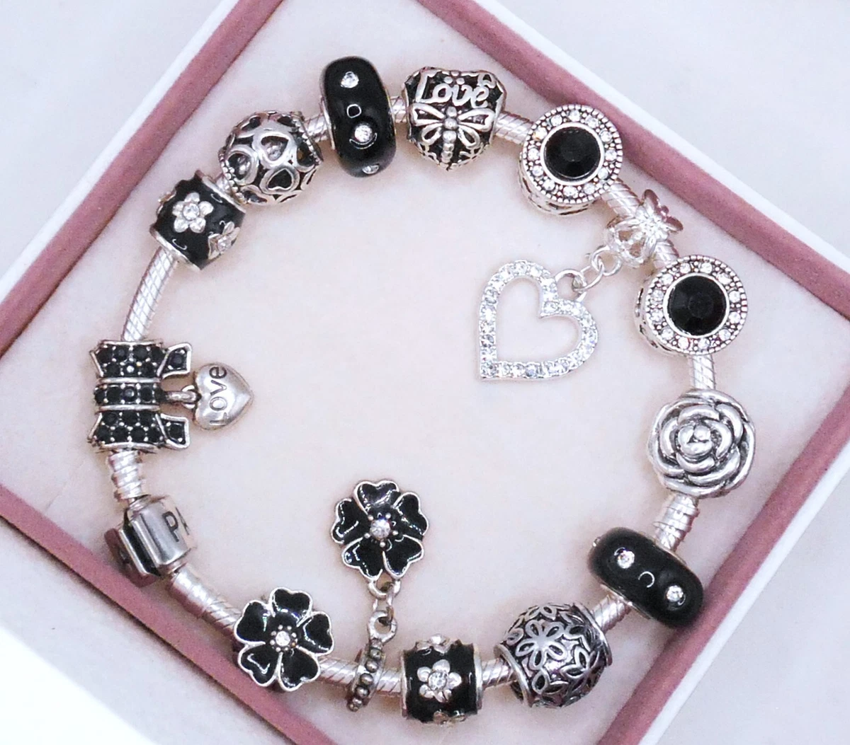 PANDORA SILVER CHARM BRACELET WITH PINK CRYSTAL HEART LOVE FAMILY CHARMS &  BOX!