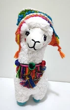 Peru White Alpaca Llama 12" Plush Colorful Hat Saddle Handmade Light Blue Feet