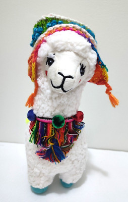 Peru White Alpaca Llama 12'' Plush Colorful Hat Saddle Handmade Light Blue Feet