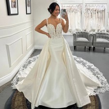 Elegant Wedding Dresses Satin Applique V Neck Spaghetti Strap Detachable Train