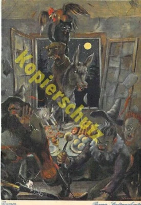 Bremen AK Werbung Ratskeller Künstler Bremer Stadtmusikanten Ansichtskarte 1939 - Bild 1 von 2