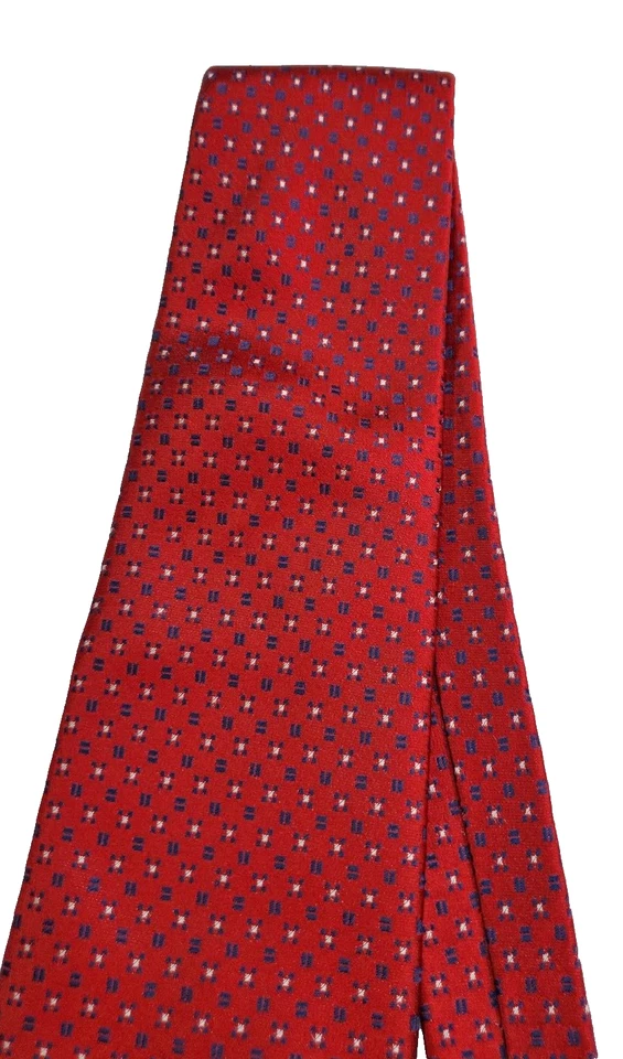 Dormeuil Men's Silk Necktie Deep Red w/Blue & White Dots & Shapes 59" L x 3.75 W - Image 4 of 4
