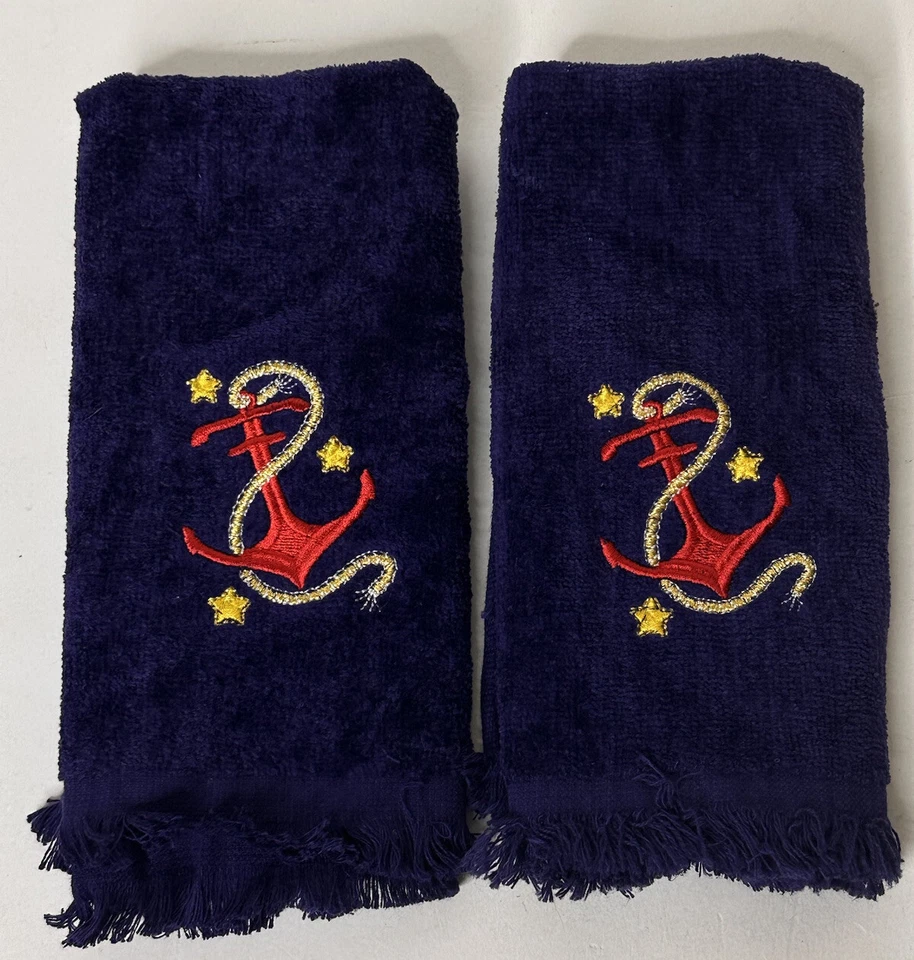 Par de toallas de mano náuticas vintage Saturday Knight Ltd. ancla azul marino Foto 3 de 4