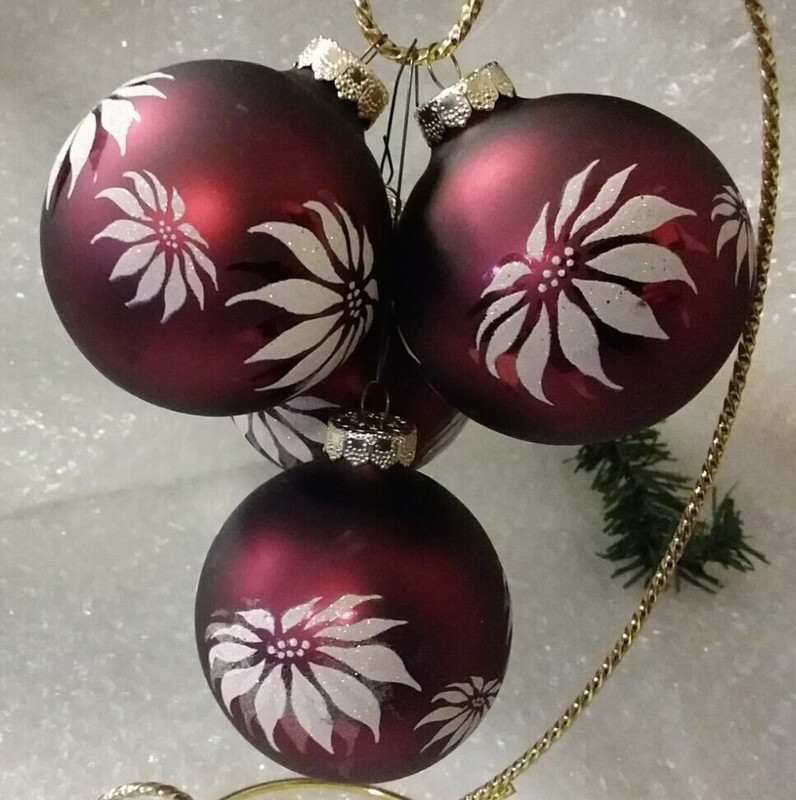 4 RAUCH Maroon-White w/Glitter-Satin Finish 2.75" Christmas Tree Ornaments- USA