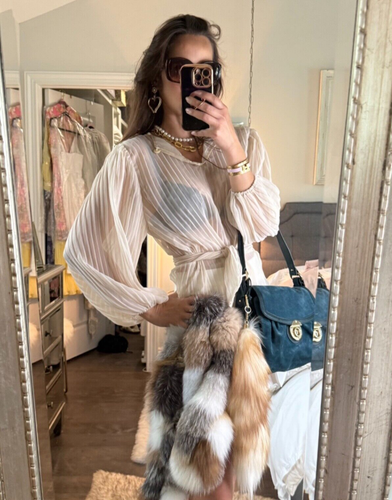 Balloon-Sleeve Top Cream Pleated Sheer White S/M STUNNING