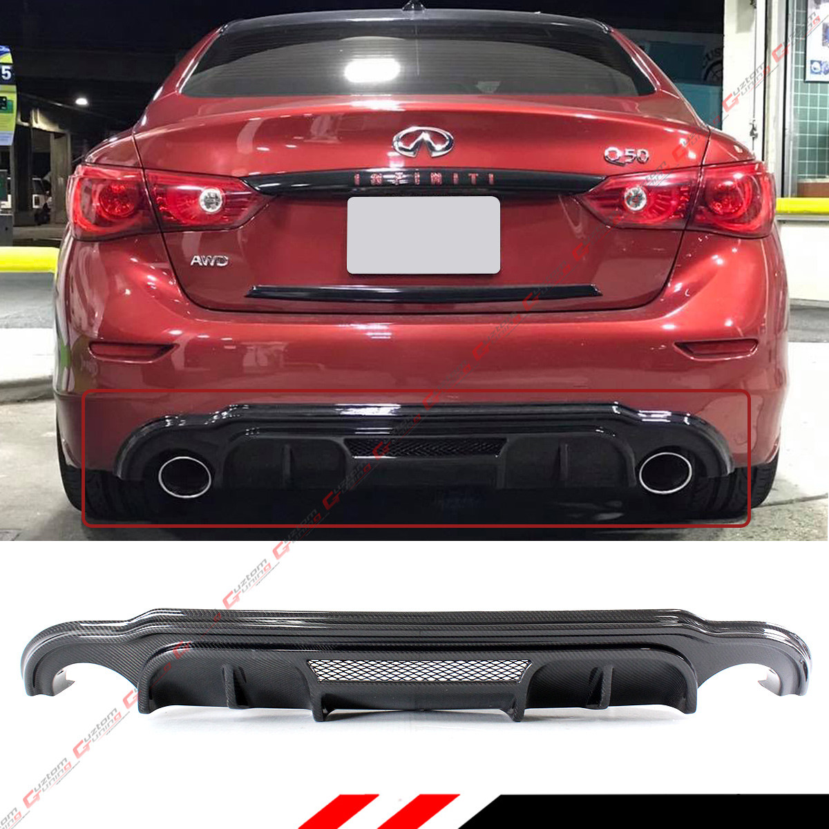 Q50 2014-2017 Carbon Fiber Look Rear Bumper Diffuser With LED Light For ...
