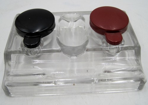 Antique JH & Co Heavy Glass Desktop Double Inkwell W/Bakelite Lids - Picture 2 of 5