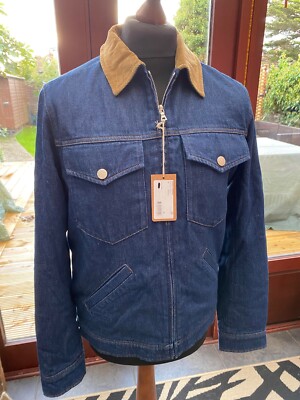 Men's Blue Denim Jacket with Brown Corduroy Collar - Main Image