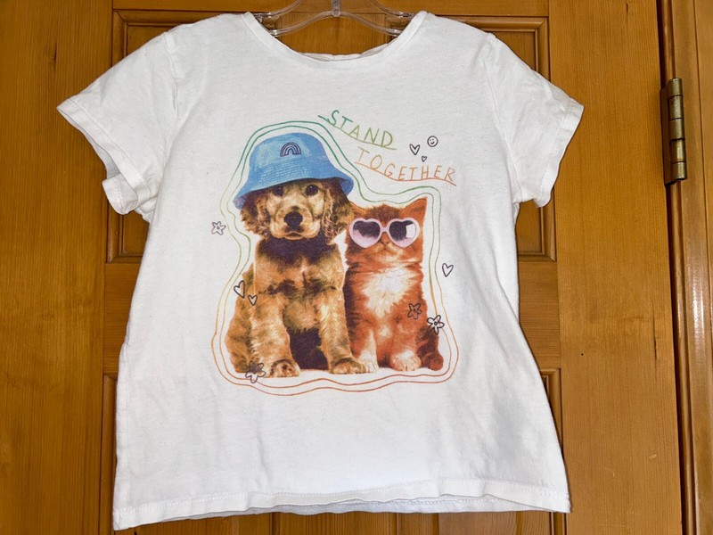 Girls' Size 8 Medium White Short Sleeve Shirt with Cat and Dog "Stand Together"