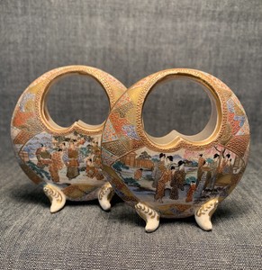 C19th Meiji Period Pair Of Quality Japanese Satsuma Porcelain Miniature Baskets